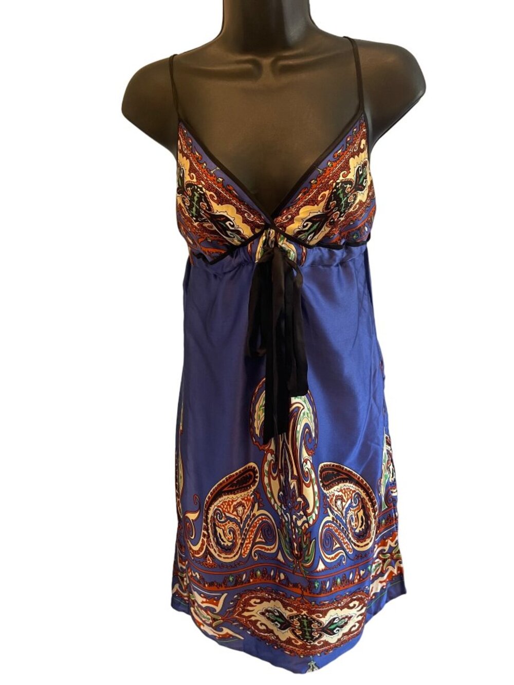 Silk baby doll  Print Mini Dress XS Adj. Straps Blue/Multicolor By Single Dre